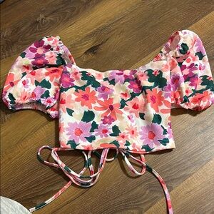 Multicolored Off the Shoulder Puff Sleeve Crop Top